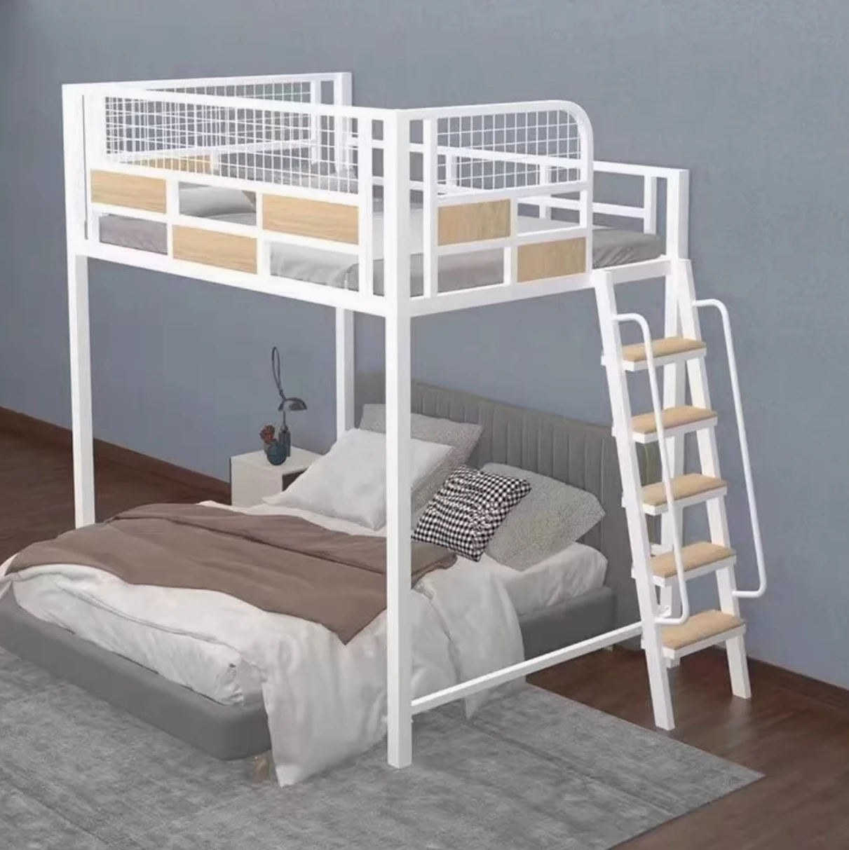 #Modern Durable Iron Loft Bunk Bed Second Floor Duplex Staggered Upper Lower Beds Small Apartment Wardrobe Suspended Upper Bed