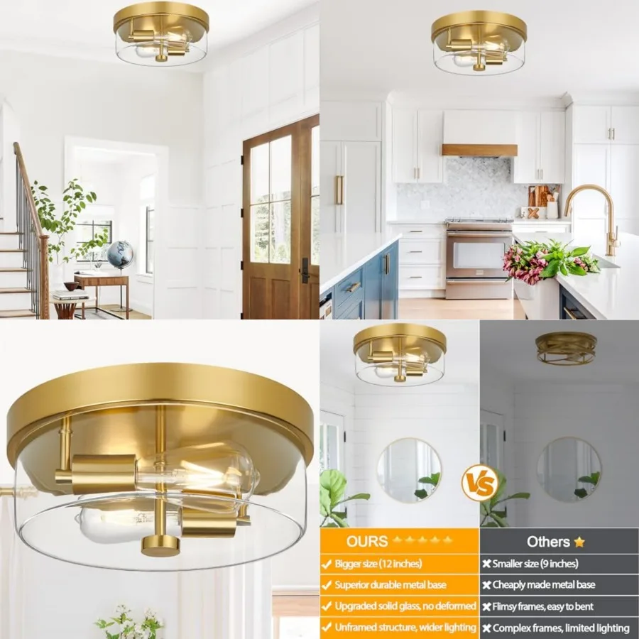 

Flush Mount Ceiling Light Fixtures, 2-Light Ceiling Mount for Farmhouse with Clear Glass Lampshade, Industrial Flush Mount Ligh