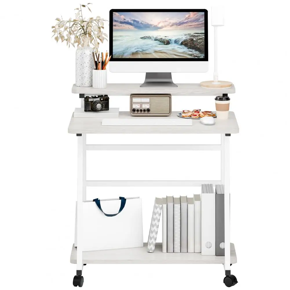 80x50cm Small Rolling Computer Desk, Computer Desk for Small Space, 3-Tiers Work Office Desk with Monitor Stand, Small Student W