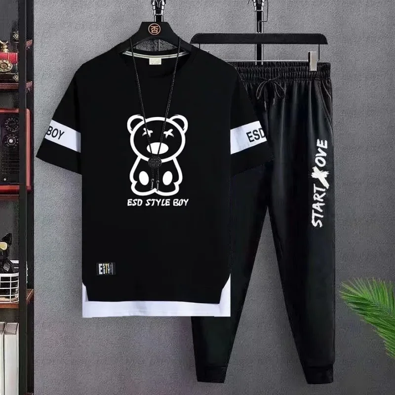 Hot selling new men\'s casual suit fashionable and trendy versatile T-shirt slim fit short sleeved T-shirt and sports pants