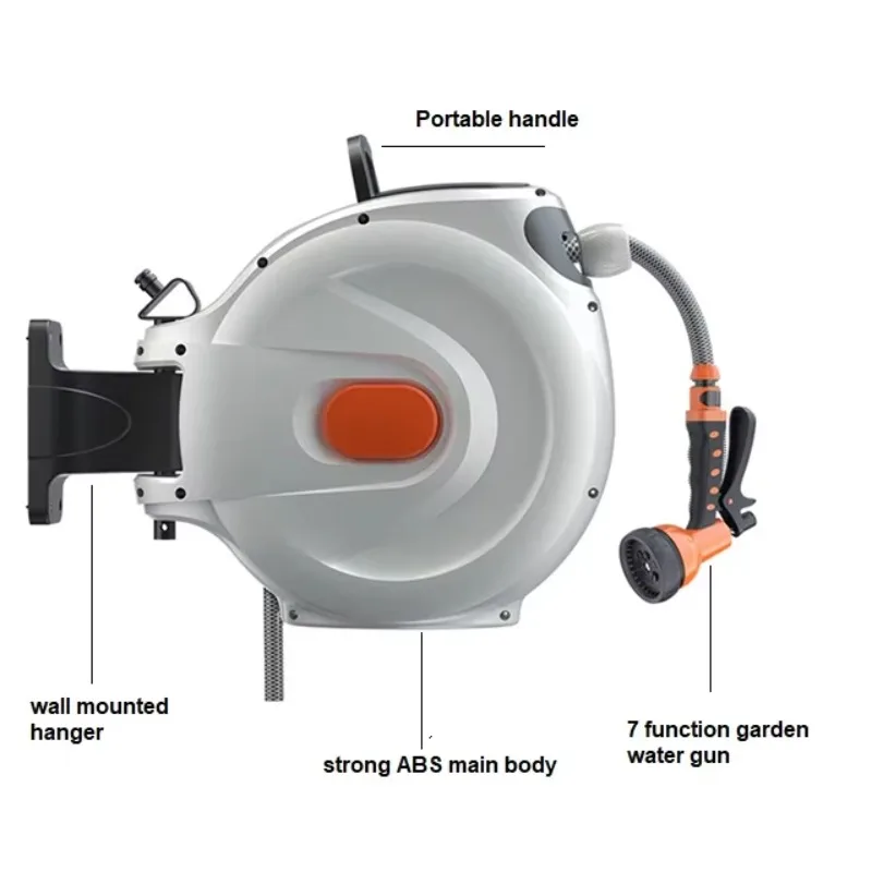180°Swivel Bracket 20m 30m Wall Mounted Retractable Hose Pipe Reel Garden Hose Reel With Multi Function Water Gun