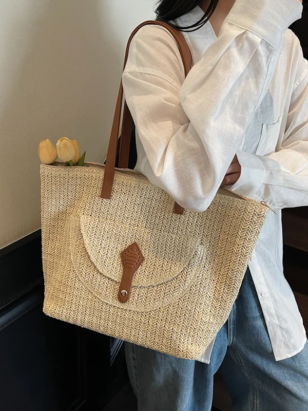 夏のビーチストロー織りトートバッグ女性用大容量シングルショルダーカジュアルスタイル休暇用ハンドバッグカジュアルシンプルスタイル