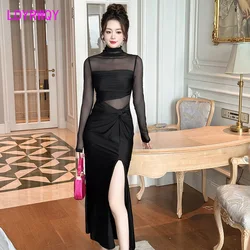 2024 Autumn and Winter New Women's Sexy Perspective Mesh Splicing Slim Fit Split Long Sleeve Black Dress