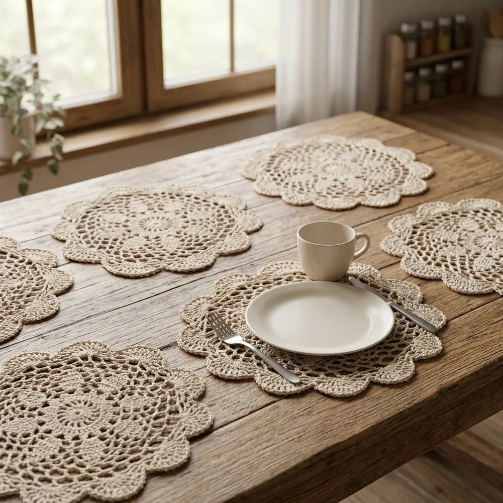 Crocheted Table Mats Cotton Doilies For Home Dining Hand Crocheted Craft Soft Cotton Thread Hollow Lace Pattern