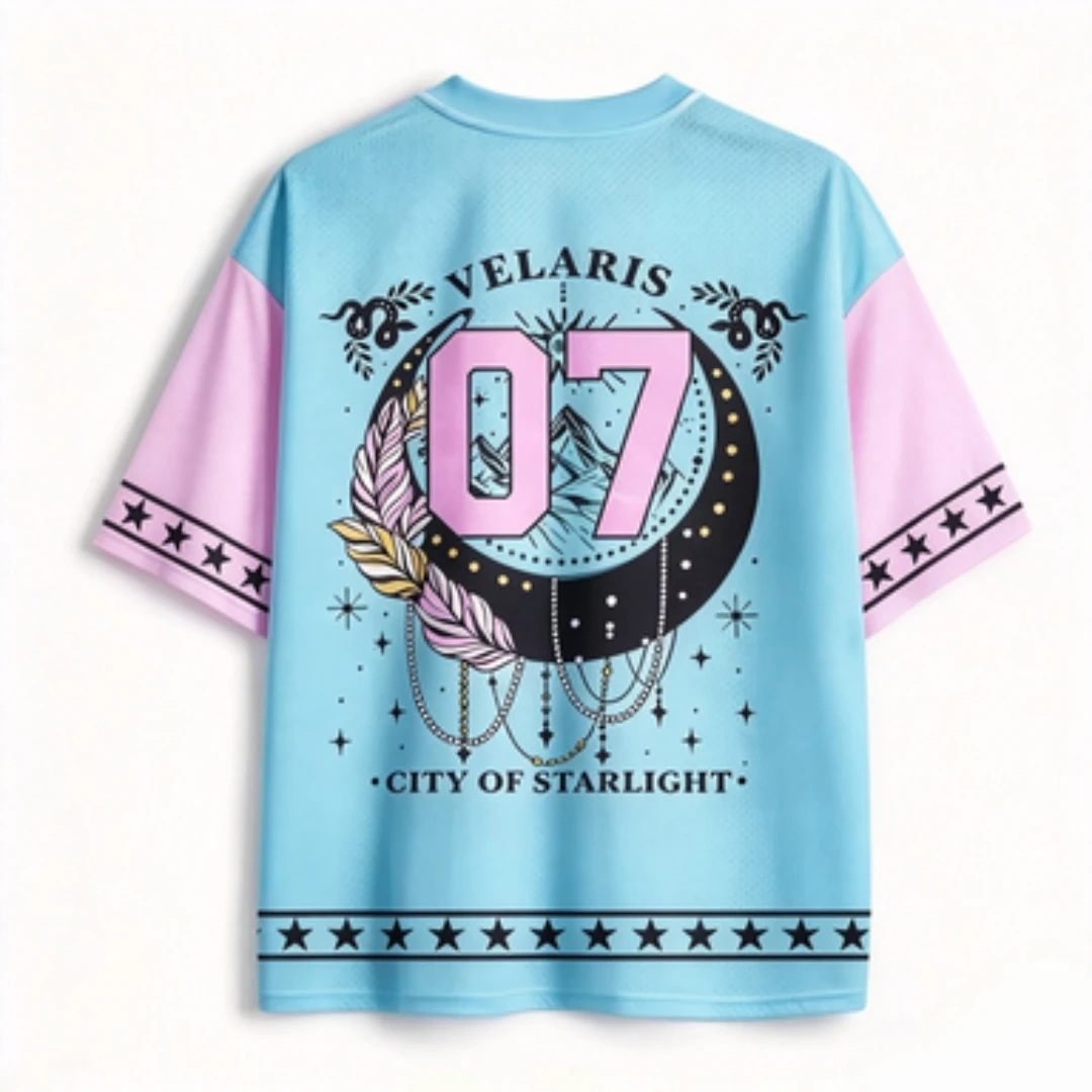 Starlight City No.07 Star Moon Feather Pattern V-neck Moon Serpentine Mystery Fantasy Style Casual Loose Street Style T-shirt