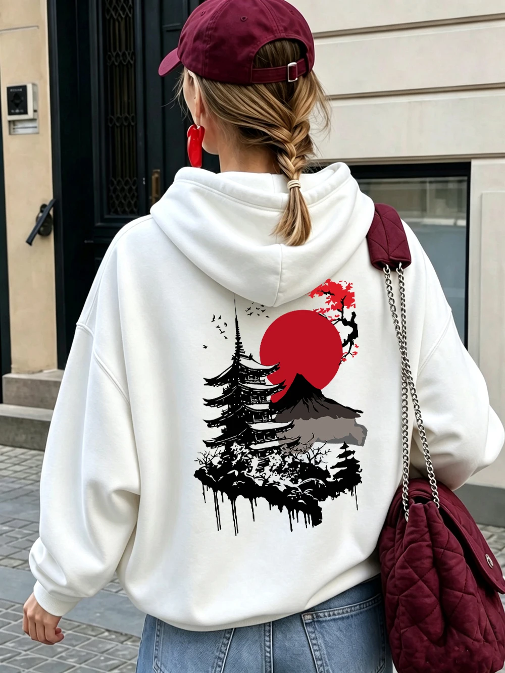 Japanese Sunset Mountain Ranges Printed Hoodies Womens Winter Pocket Jogging Sweatshirts Casual Fleece Tops Sporty Loose Clothes