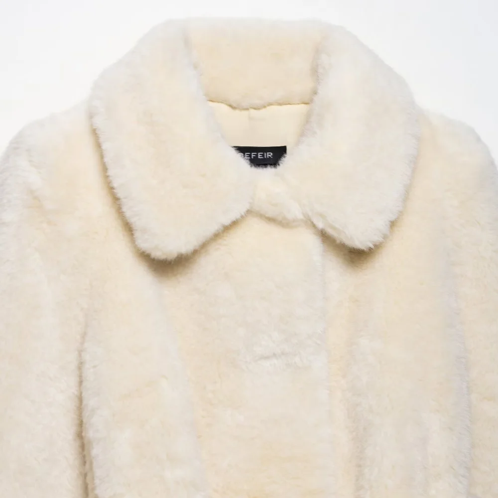 Jaqueta solta de pele feminina com lapela bolso de manga comprida e cinto outono e inverno nova jaqueta quente