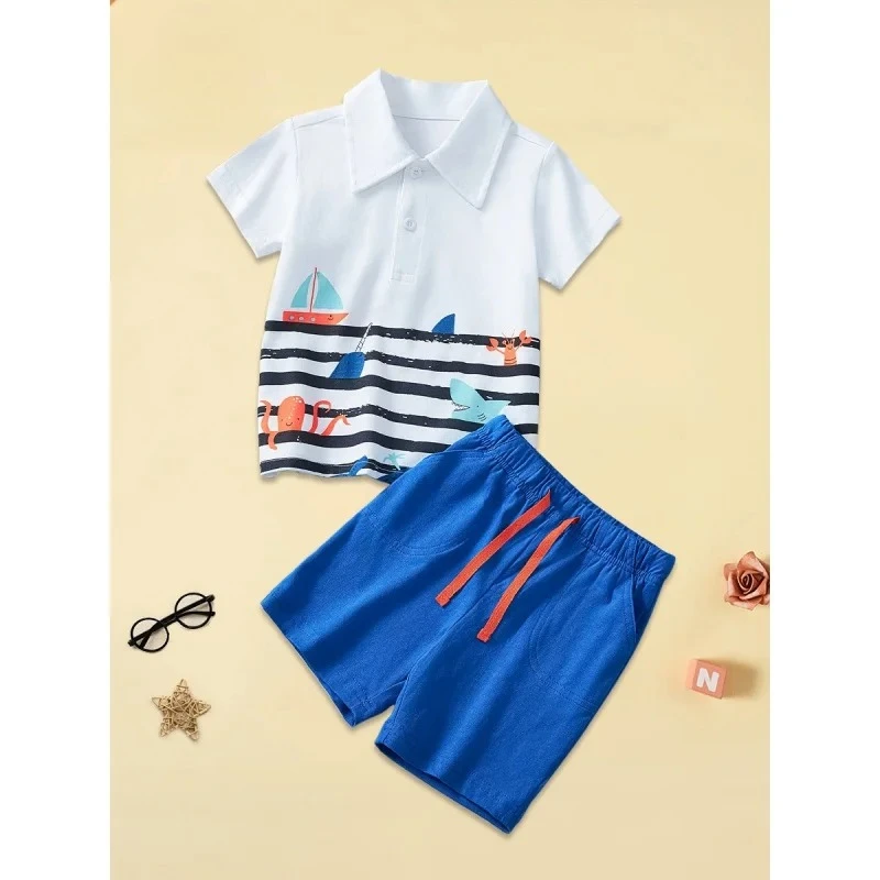 

Новая трикотажная рубашка с короткими рукавами для мальчиков2025, детская хлопковая рубашка с лацканами, летний костюм, детский спортивный костюм