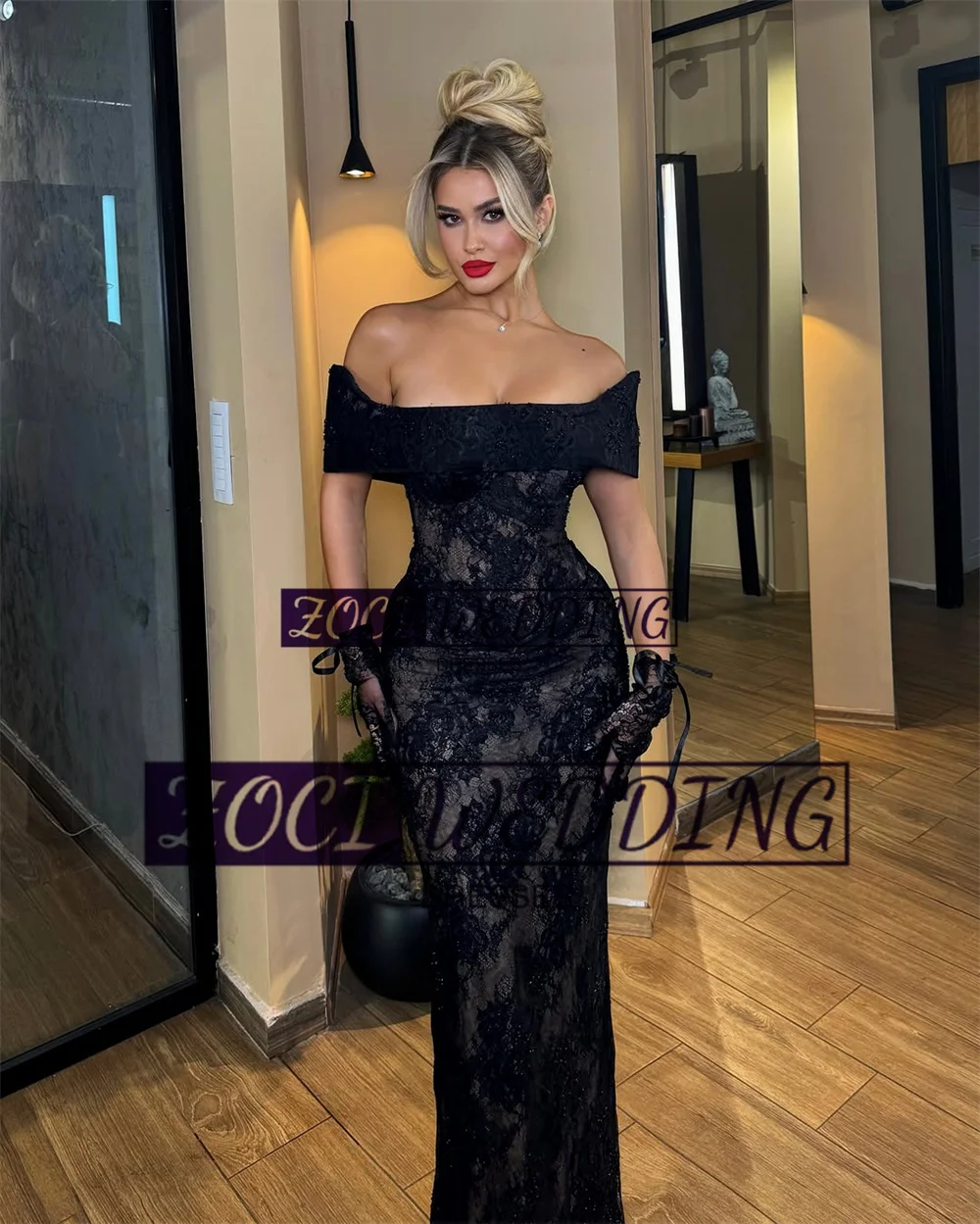 Zoci كلاسيكي أسود مسلم حورية البحر الدانتيل فساتين لحضور الحفلات الموسيقية قبالة الكتف فستان الحفلات المسائية خمر المرأة السعودية ثوب زفاف رسمي