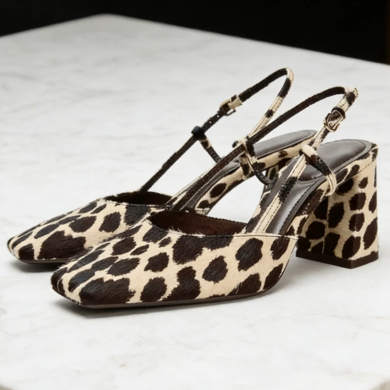 

Уникальные туфли-слингбэки с леопардовым принтом, женские люксовые туфли с квадратным носком, ремешком сзади и пряжкой, на массивном каблуке, дизайнерские туфли для вечеринок, сексуальные туфли для платья