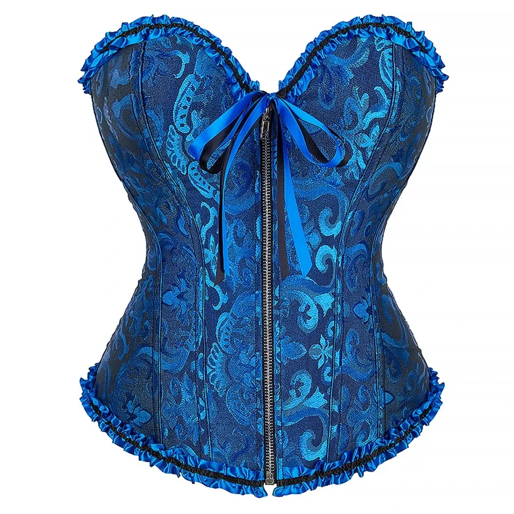 Jacquard Victorian Corset Top Zipper Gothic Bustier Overbust Lingerie Lace Medieval Women Sexy Vintage Halloween Costume view 5