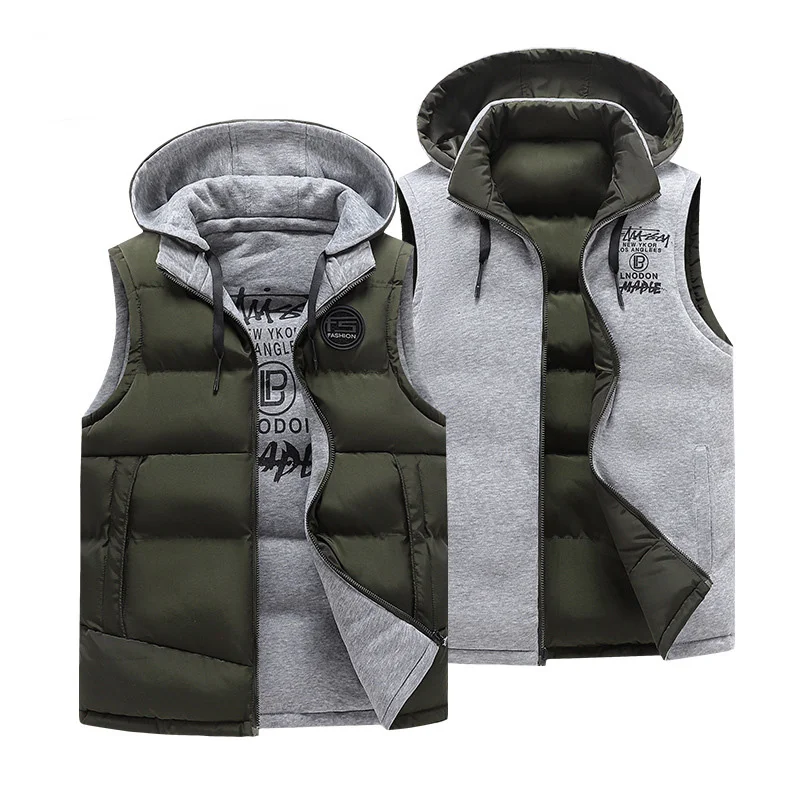 Winter Double-Sided Hooded Thicken Vest Outerwear Mens Sleeveless Warm Jacket Oversize 4XL Waistcoat Jackets