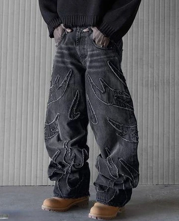 Baggy-Jeans für Männer Y2k Hip Hop Distressed Retro Schwarze Hose Übergroße Stickerei Harajuku Gothic Hose mit weitem Bein Streetwear