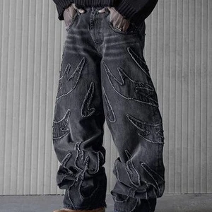 Große Jeans für Männer, Hip -Hop, Distressed, Retro, schwarze Hosen, große Abmessungen, Stickerei, Harajuku, Gothic, Wide Leghose, Streetwear, Y2K 6 Hauptverkaufsweste Frauensticke Jeans - №4