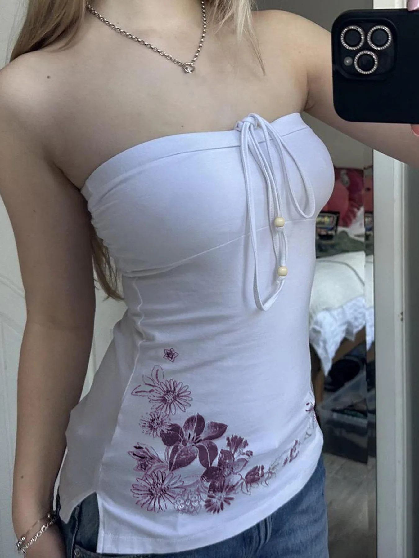 Spring and summer print is sweet to put on the breast vest holiday wind show thin outside wearing a tie-in sweet dating blouse