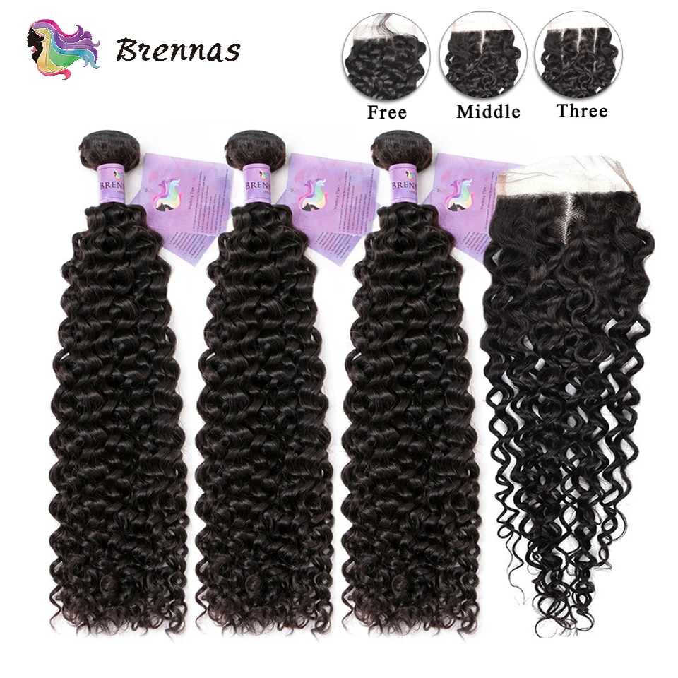 Mèches Brésiliennes Naturelles Bouclées avec Closure, Extensions Capillaires en Cheveux Humains, 4x4, Richesse Naturelle, 3 Lots, pour Femme