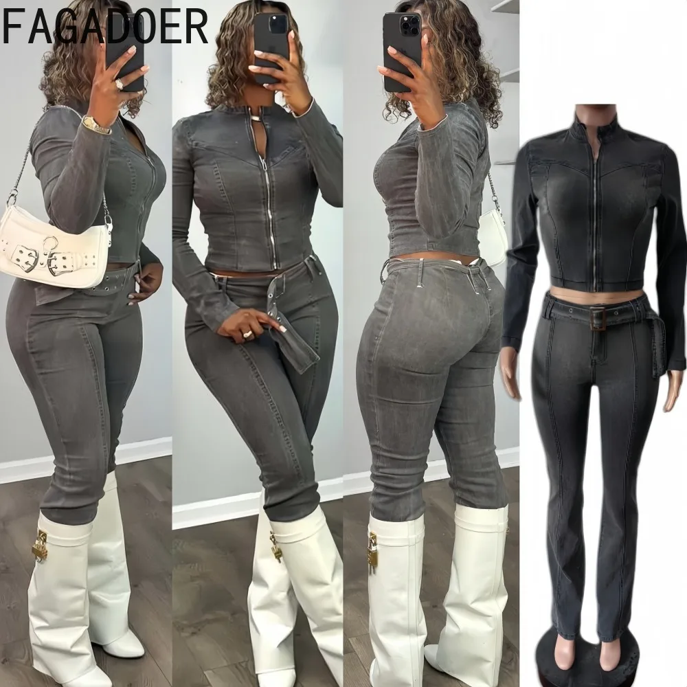 

FAGADOER, осенний новый сексуальный джинсовый комплект из 2 предметов, женская одежда, куртка с длинными рукавами и брюки, одинаковая женская уличная одежда Y2k