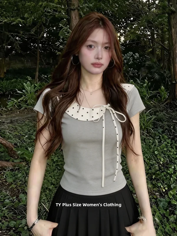 Slimming Large Size T-Shirt Color Block Waist Cinched Doll Collar Summer Outfit Atmosphere Sensation Women's Korean Style Top