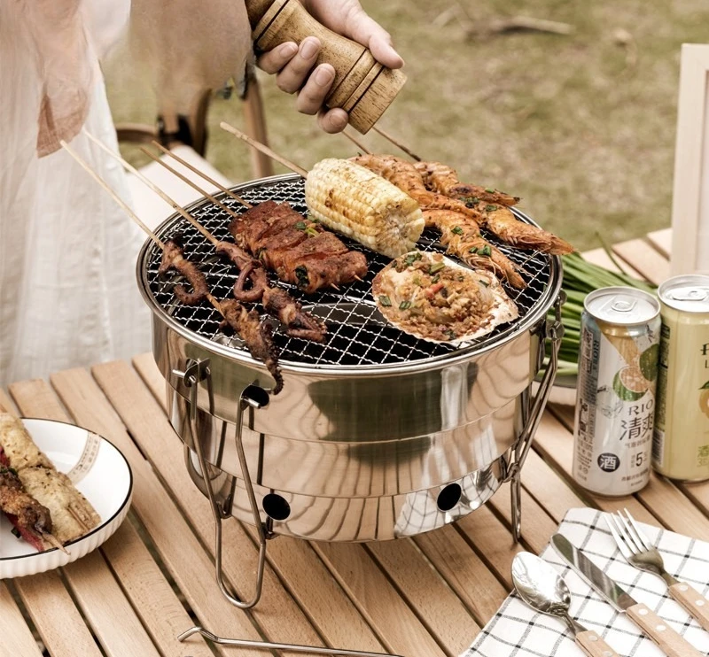 

Stainless Steel Outdoor Grill Portable Round Picnic Multi-function Folding Tea Cooking Grill