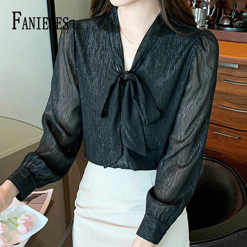 

FANIECES Black Silk Perspective Women Blouses Bow Tie Collar Long Sleeve Elegant Party Female Shirt Casual blusa feminina 예쁜블라우스