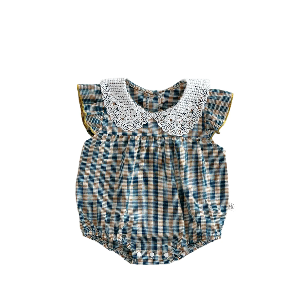 Summer Baby Girls Jumpsuit Lacy Blue Plaid Short Sleeve Infant Bodysuit Baby Clothes 0-24 Months Casual and versatile style