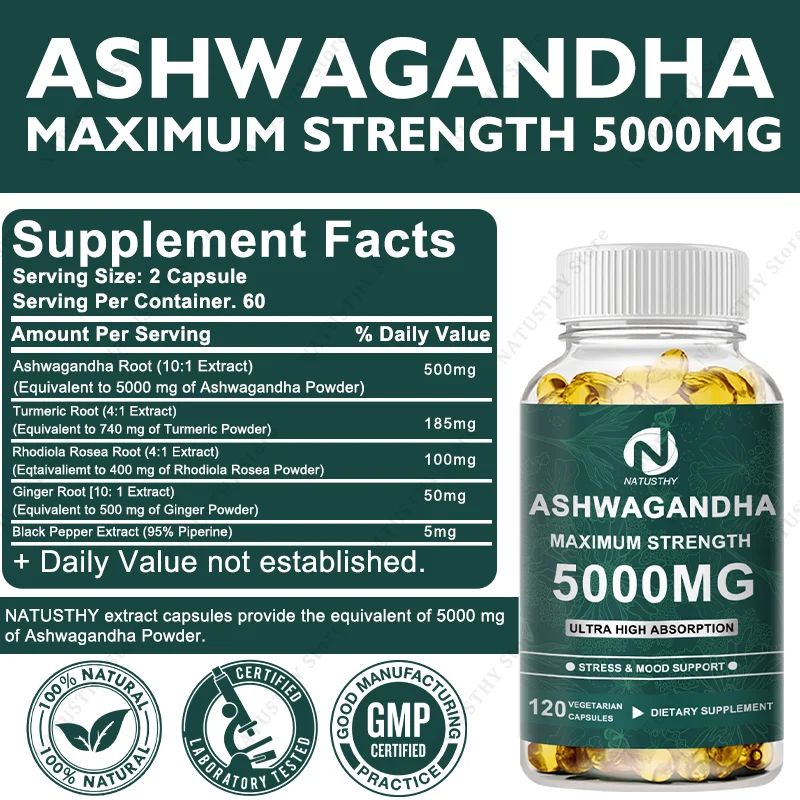 Ashwagandha Maximum Strength Capsules 5000mg for Stress Mood, Adrenal, Balance Sugar, Thyroid Health