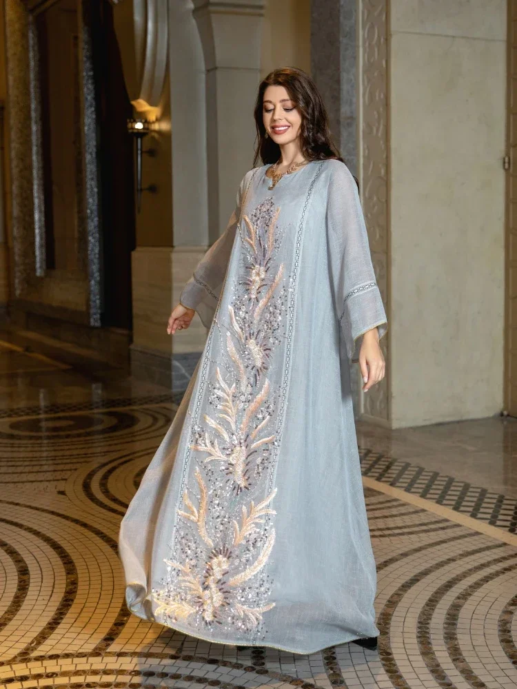 Eid Morocco Party Dress for Women Sequins Beading Mesh Abaya Morocco Kaftan Long Vestidos Ramadan Gown Dresses Saudi Arab Robe