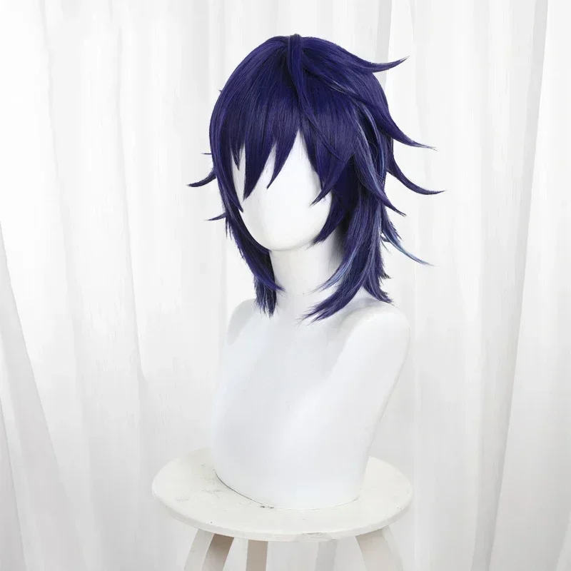 Jeu Genshin Impact Ororon Cosplay perruque hommes 40 cm bleu foncé cheveux longs Natlan Ororon Cosplay gratuit perruque casquette Halloween