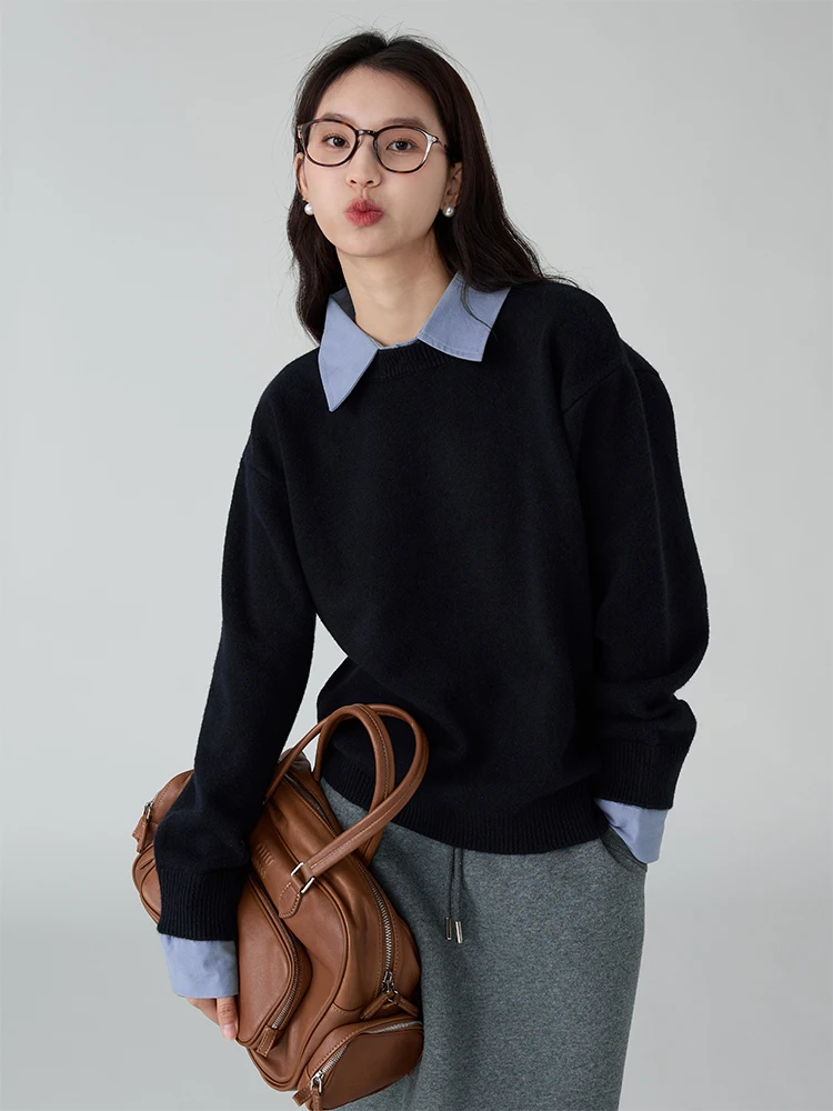 

Casual Loose Long Sleeve Knitted Sweater Women's Fake Two-Piece Early Autumn Loose Fit Small Size Friendly Fashion Top