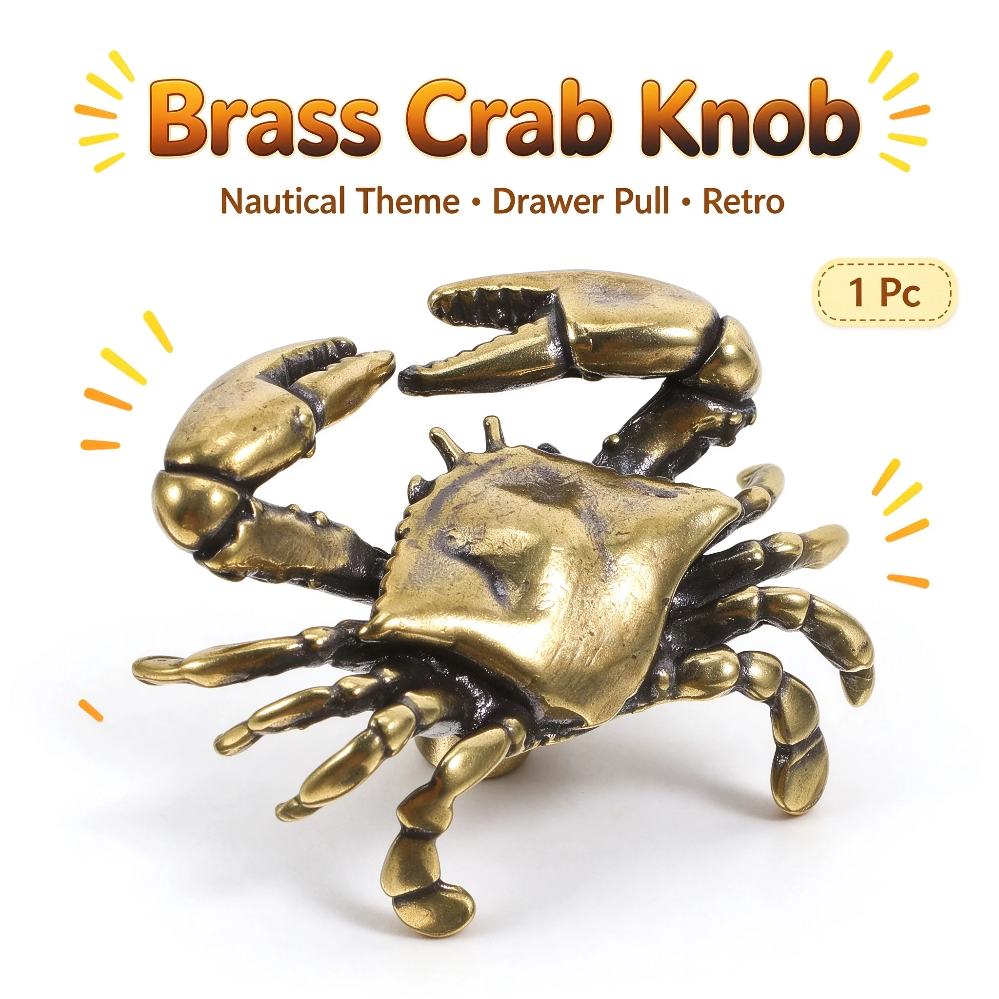 1pc Brass Cabinet Pulls Crab Design Drawer Handles Nautical Ocean Theme Hardware Marine Style Closet Knobs Retro Single Hole