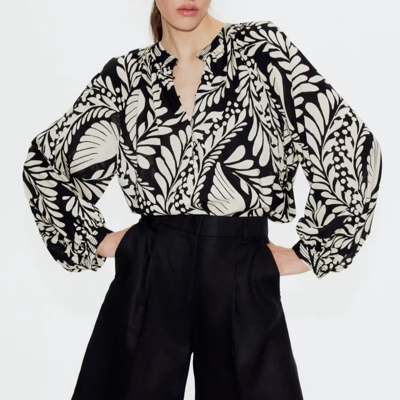 

European and American style 2025 new retro printed long-sleeved shirt stand-up collar fashionable all-match top