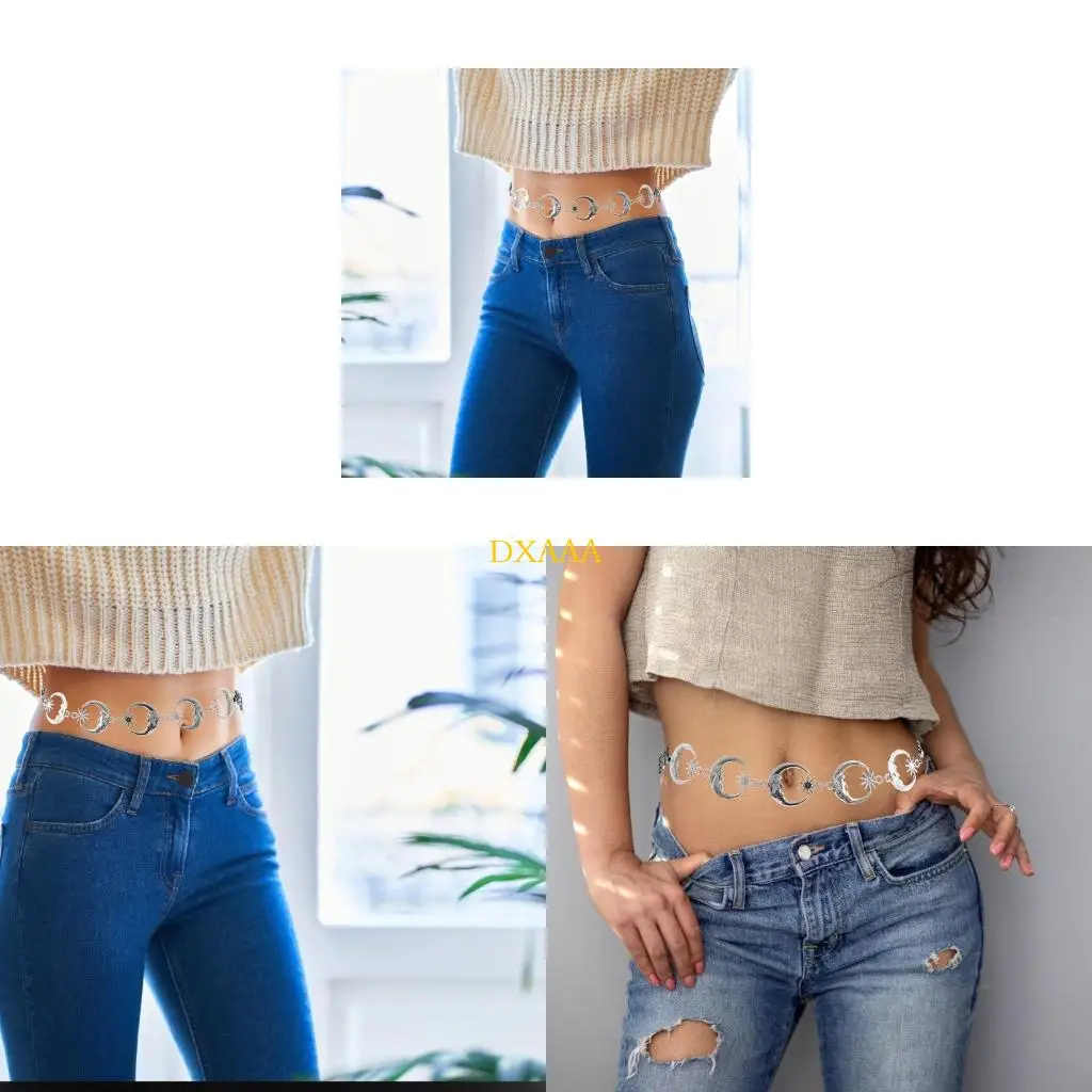 DXAA Stylish Minimalist Metal Belt Chain Sun/Moon Charm Accent Adjustable Waistband