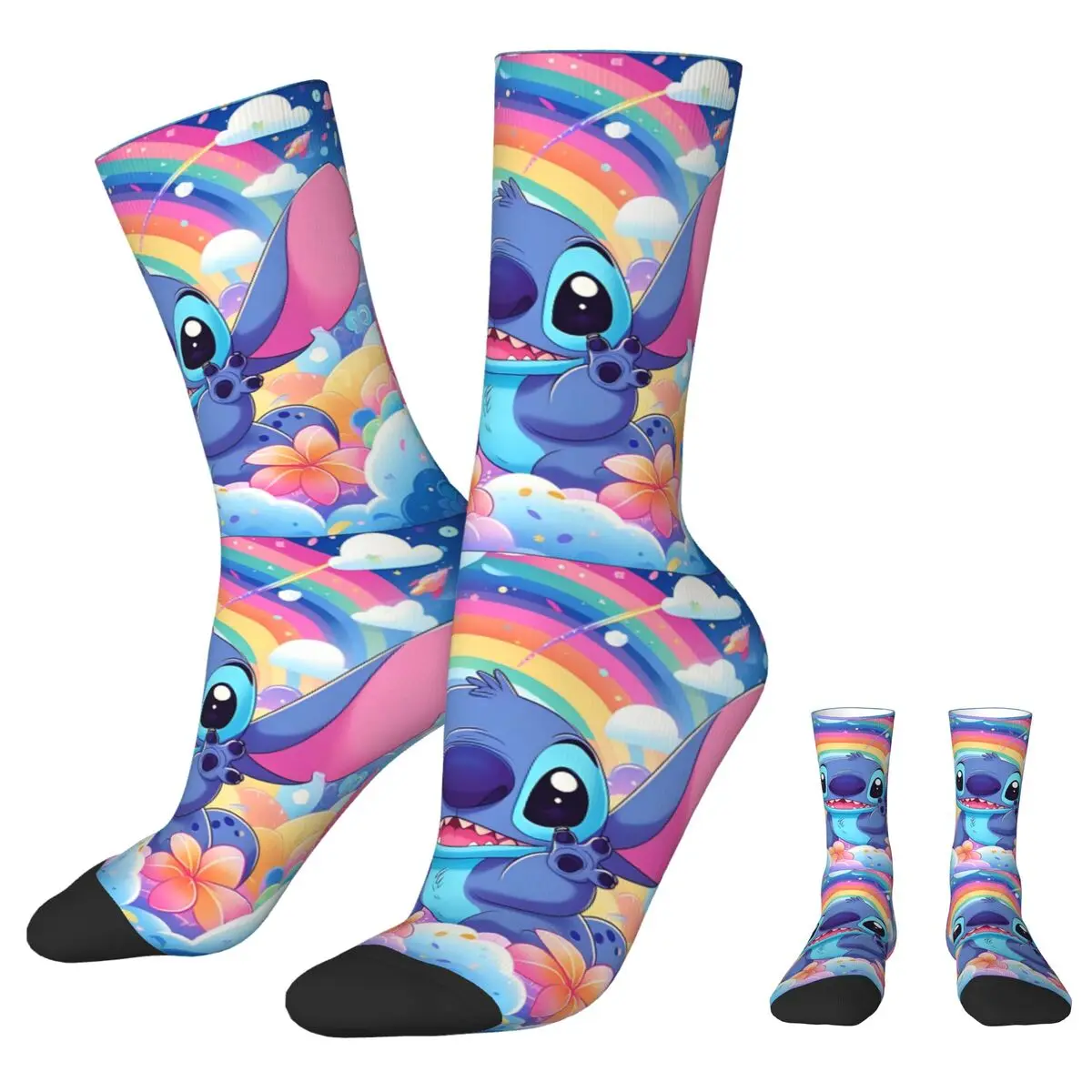 Cute Stitch Rainbow Autumn Winter Casual Women MenSocks Cartoon Sweat Absorbing Soccer Socks