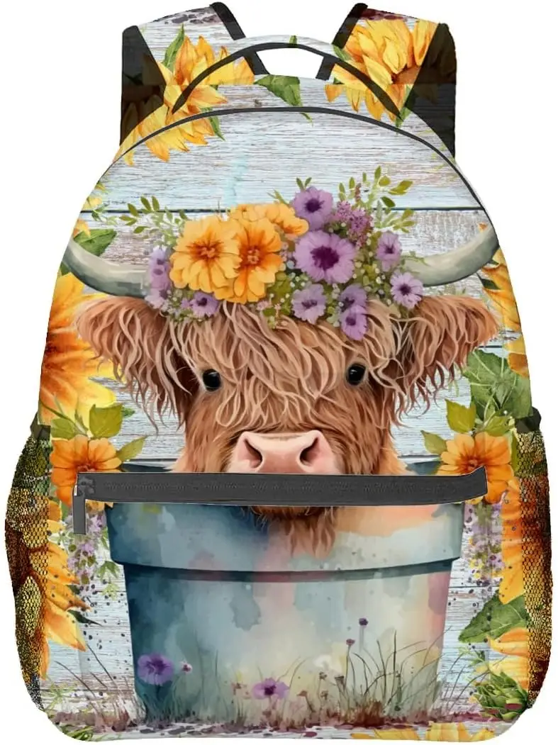 

Highland Cow Backpack, Polyester Laptop Bag, Cute Farm Animal and Sunflower Backpacks, Rustic Farmhouse Back Pack, Rucksack