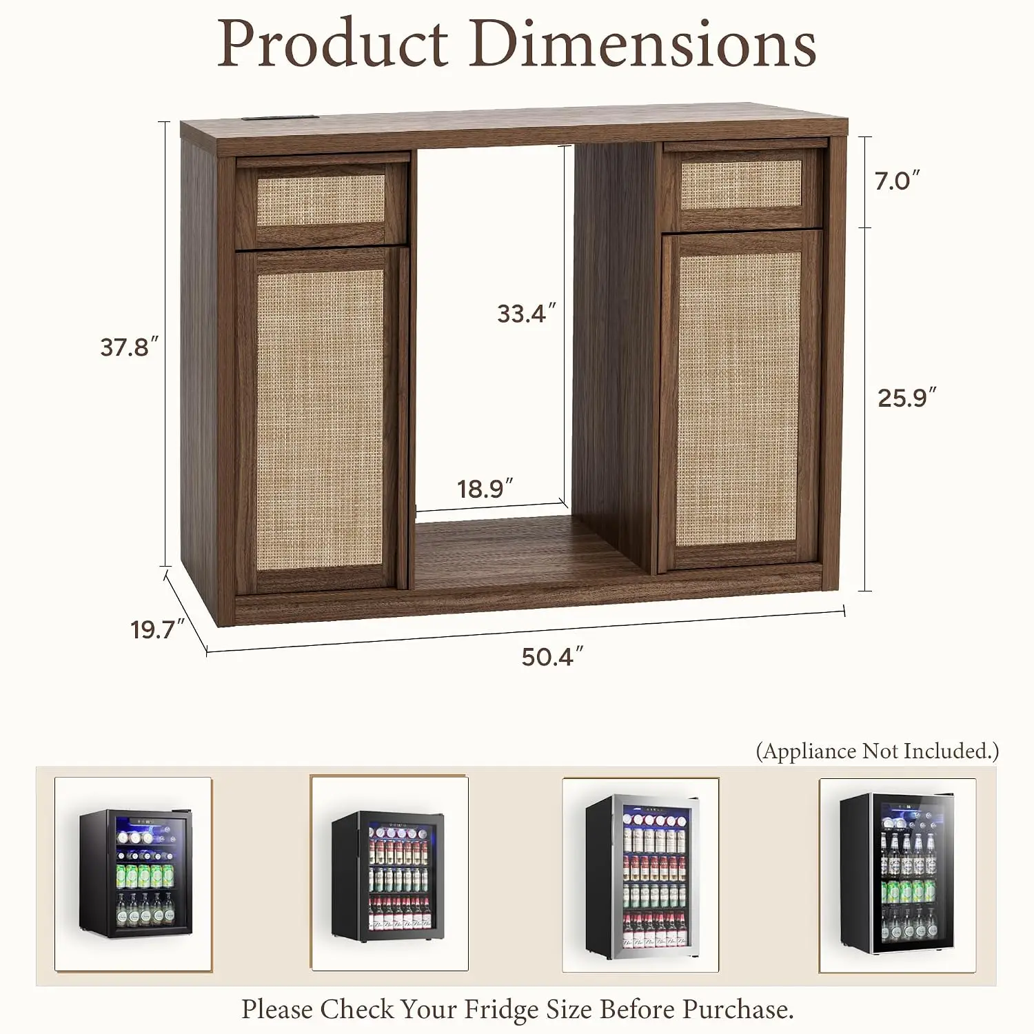 Rattan Bar Cabinet Fridge Space, 2 Drawers, Adjustable Shelves, Sideboard Buffet w/ Charging Station, Wood Handle，Customized