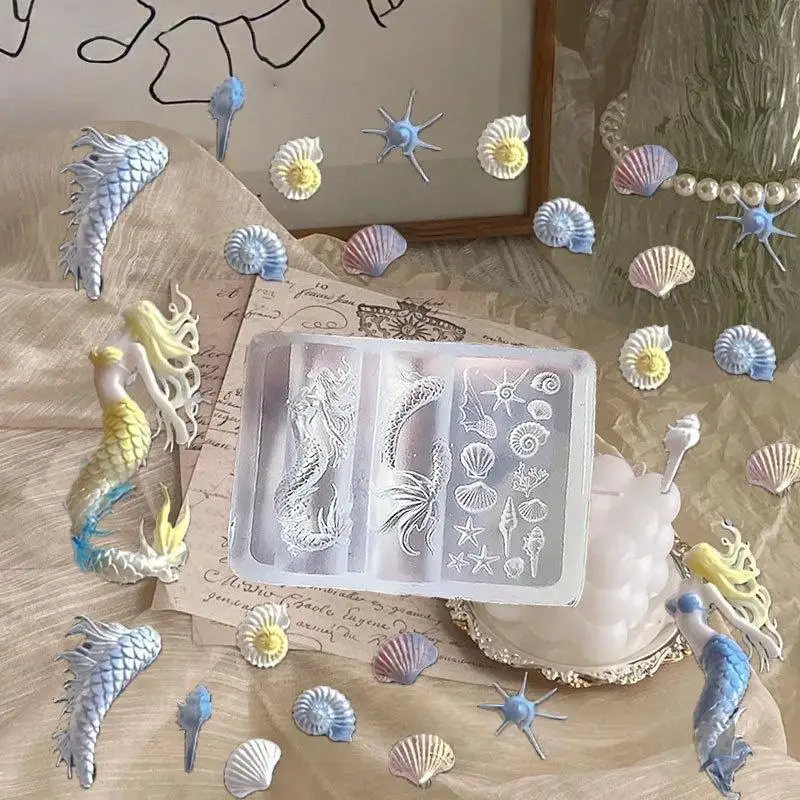 DIY 네일 아트 및 매니큐어 디자인을 위한 인어, 불가사리 및 조개 패턴이 있는 독특한 3D 실리콘 네일 몰드