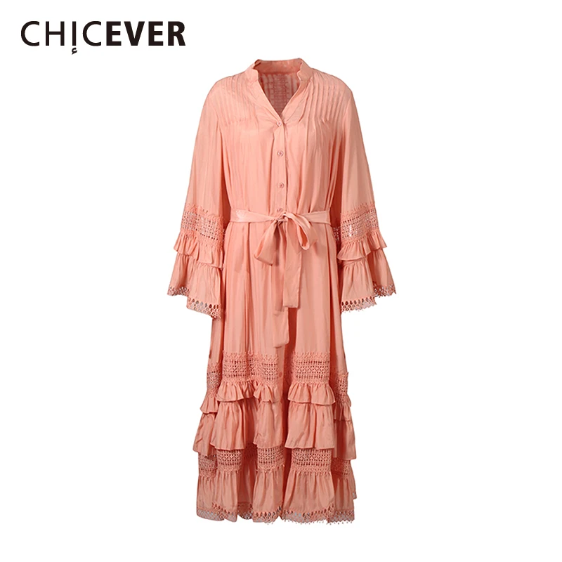 

CHICEVER Solid Spliced Lace Up Dress Female Lapel Long Sleeve Patchwork Ruffles Beach Style Women's Dresses Summer Fashion New