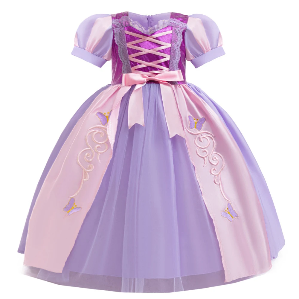 Bow Sofia Rapunzel Princess Costume for Girls Carnival Cosplay Butterfly Gown Puff Sleeve Flower Birthday Performance Girl Dress