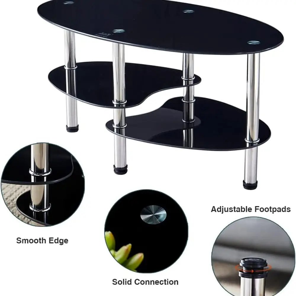 طاولة قهوة زجاجية بيضاوية معاصرة، طاولة جانبية لغرفة المعيشة باللون الأسود مكونة من 3 أرفف