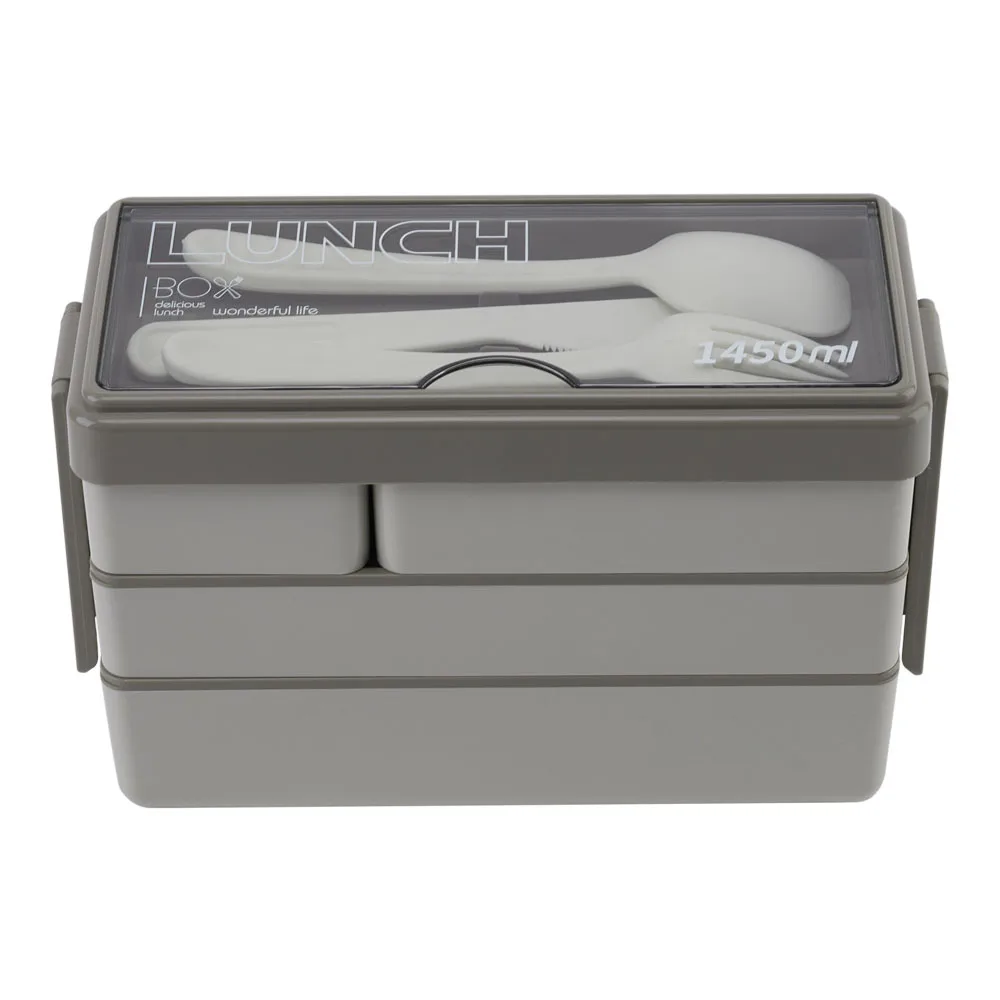 Bento-Style Plastic Lunch Box with Cutlery 3-Layer