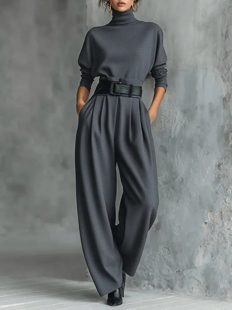 Lässiger Anzug mit Taschen für den Herbst, Damen-Set mit hochgeschlossenem, langärmeligem Oberteil und Hose, schlichtes, einfarbiges Büro-Outfit mit hoher Taille. – Detail 2