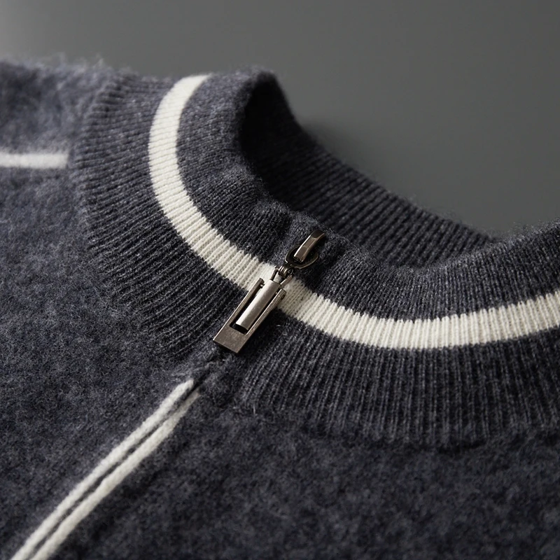 Autumn Winter Men Zipper Cashmere Cardigan Thick Long Sleeve Sweater Coat Smart Casual Jacquard Clothing 100% Cashmere Knitwear