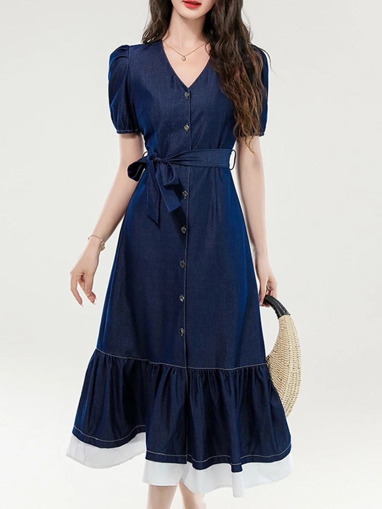 Women Street Clothes Denim Retro Puff Sleeve Single Breasted Belt Slim A-Line Long Dress Elegant Vestidos Robe Casual Sweet New