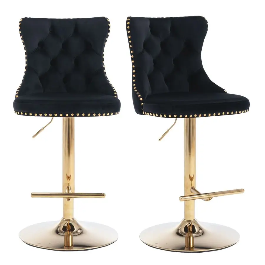 Juego de 2 Taburetes de Bar, Taburetes Giratorios Ajustables con Respaldo, Sillas Tapizadas para Barra con Detalles Dorados