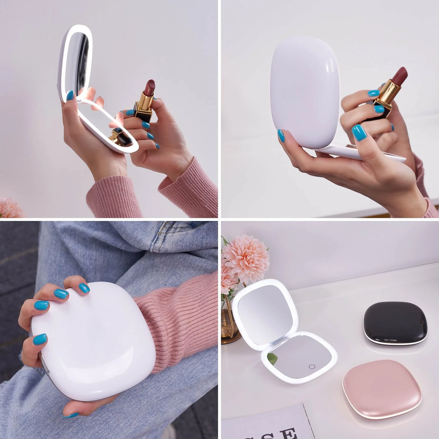 Compact LED Magnifying Travel Makeup Mirror 1X/10X Small Hand Pocket Dimmable 2-Sided USB Rechargeable Touch Screen Portable