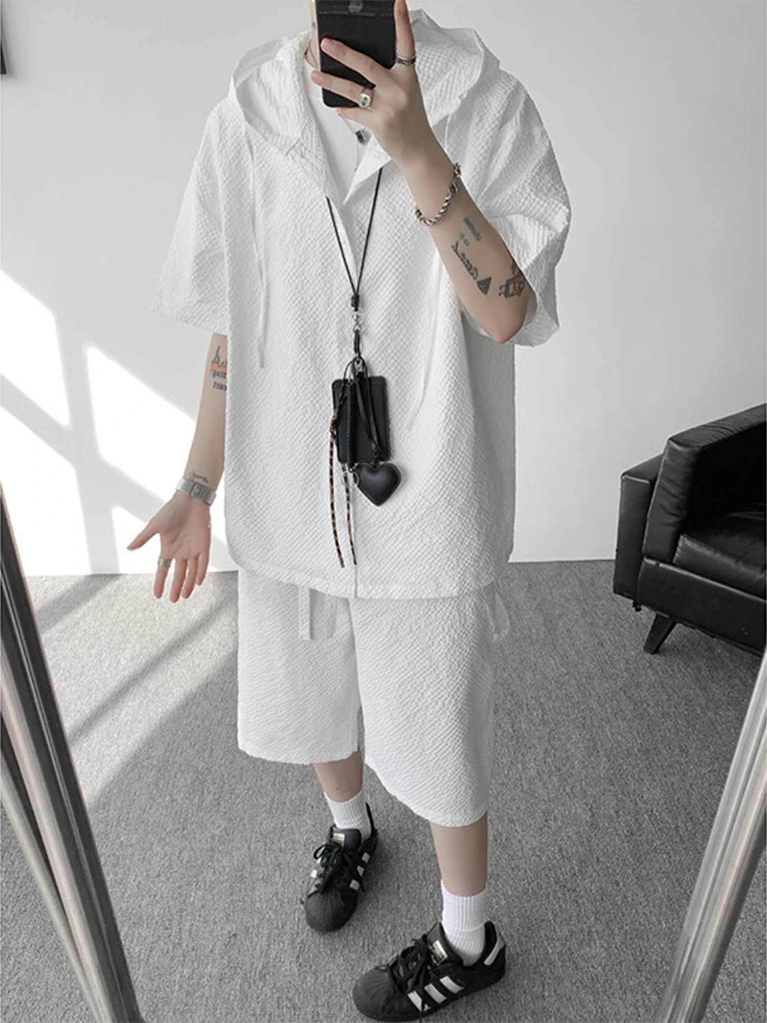 

Ice Silk Bubble irt with Hat Men's ort Sve Thin Summer Youth Faion Loose Fit irt Casual Wear Pure Color Button up