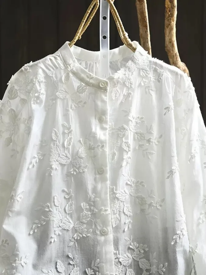 Spring New Sle Pure Cotton White Embroidered Flower Loose Fit Long Sve Women's irt Sweet Versatile round Ne Button up