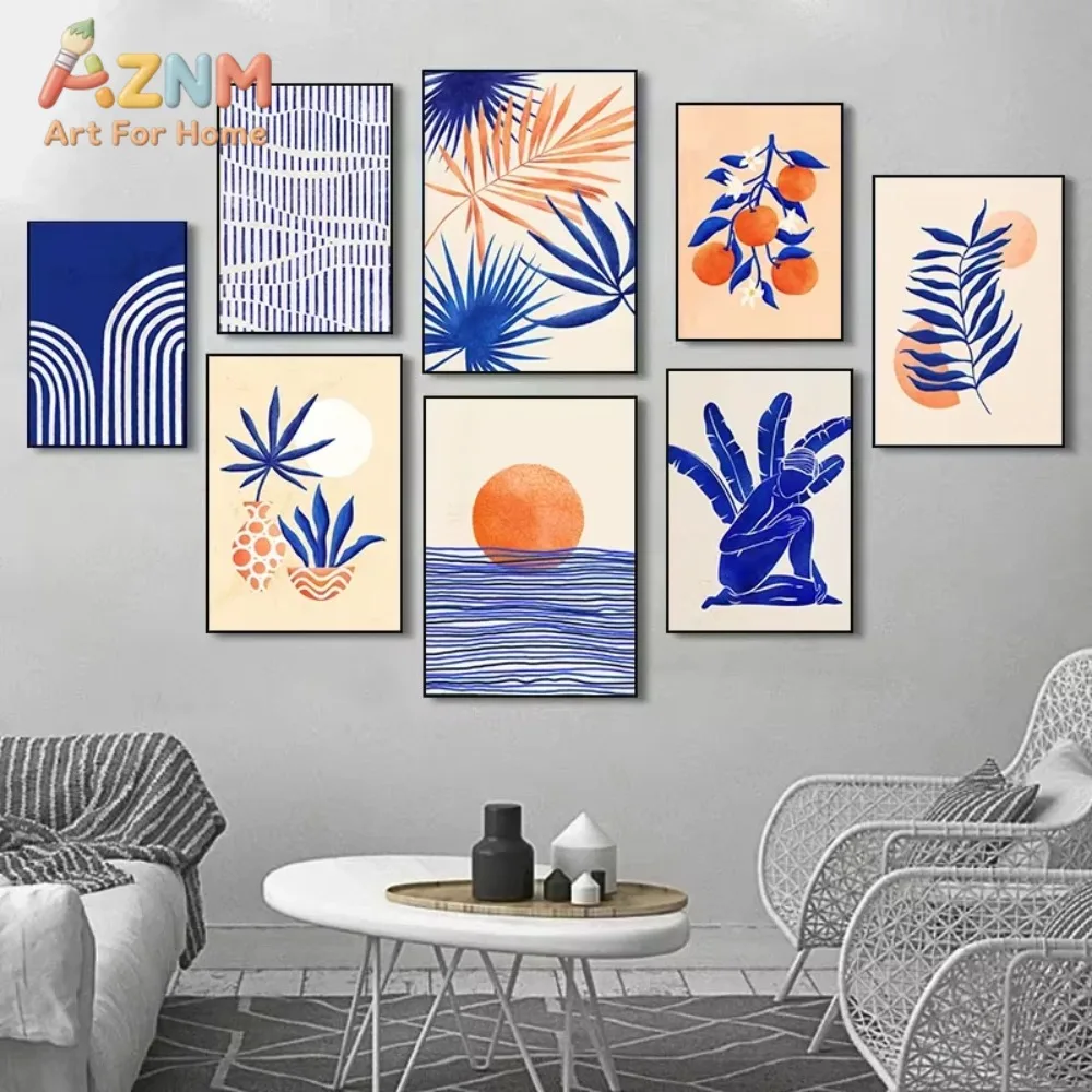 

1 шт. Абстрактная синяя геометрическая картина с линейным рисунком девушки и вазы, скандинавский постер, принт на холсте, настенное искусство, декор для комнаты и дома