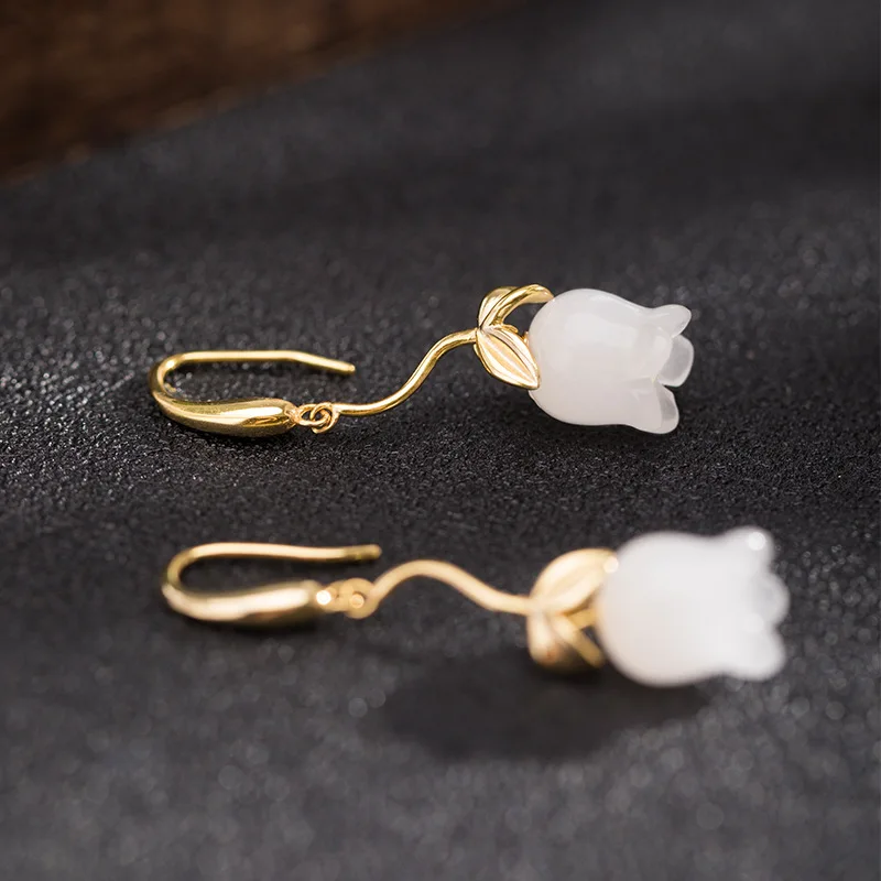 Fashionable Lily Of The Valley Ear Hooks, Creative Minimalist White Hetian Jade Flower Earrings S925 Silver Jewelry, Exquisite