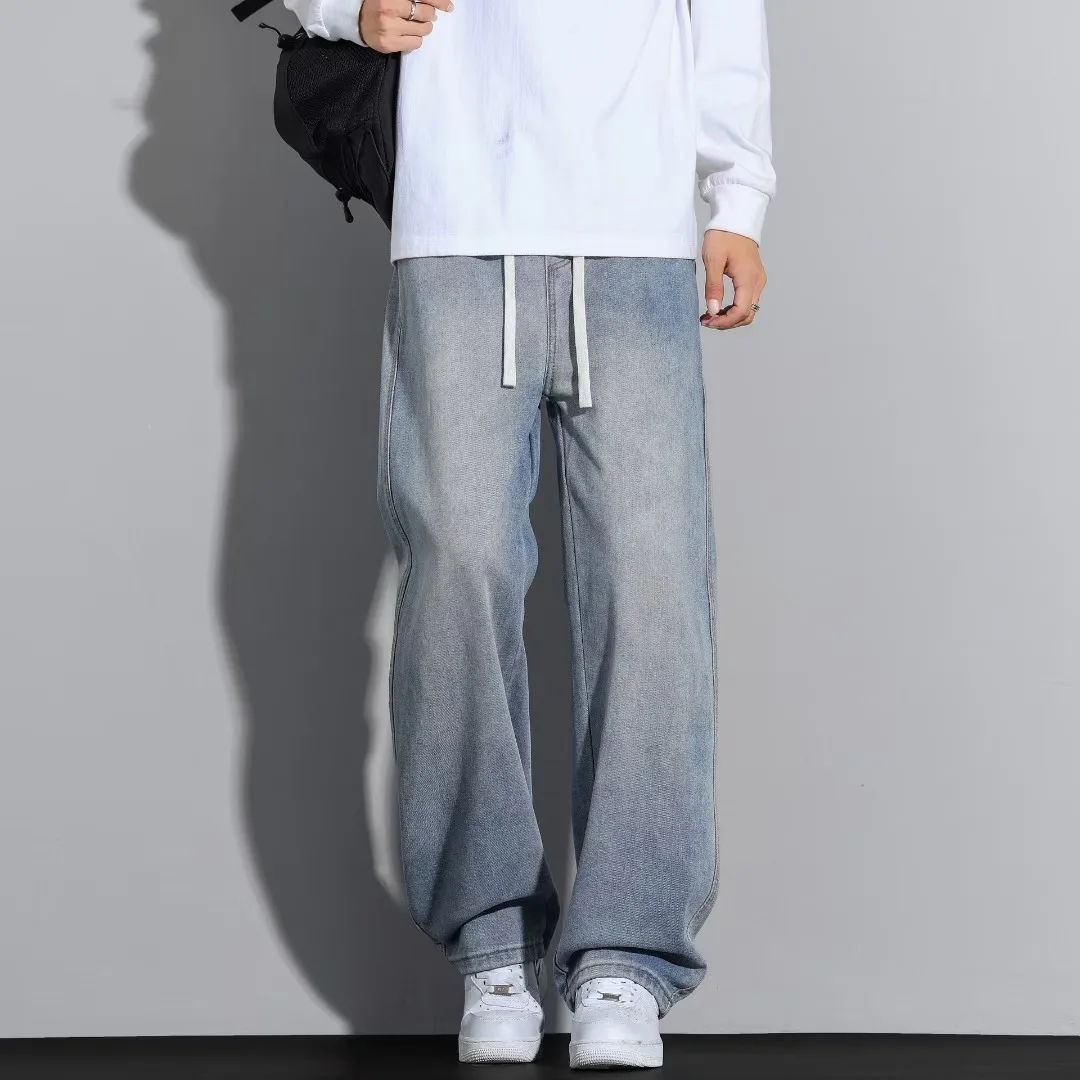 

Светло-голубые винтажные мужские джинсы Harajuku, широкие брюки, новинка весеннего сезона, повседневные джинсы прямого кроя свободного покроя